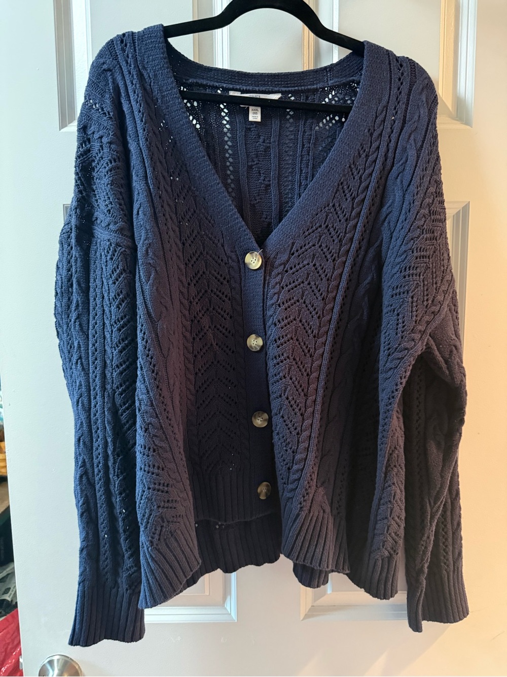 Time and Tru Navy Open-Knit Button Cardigan